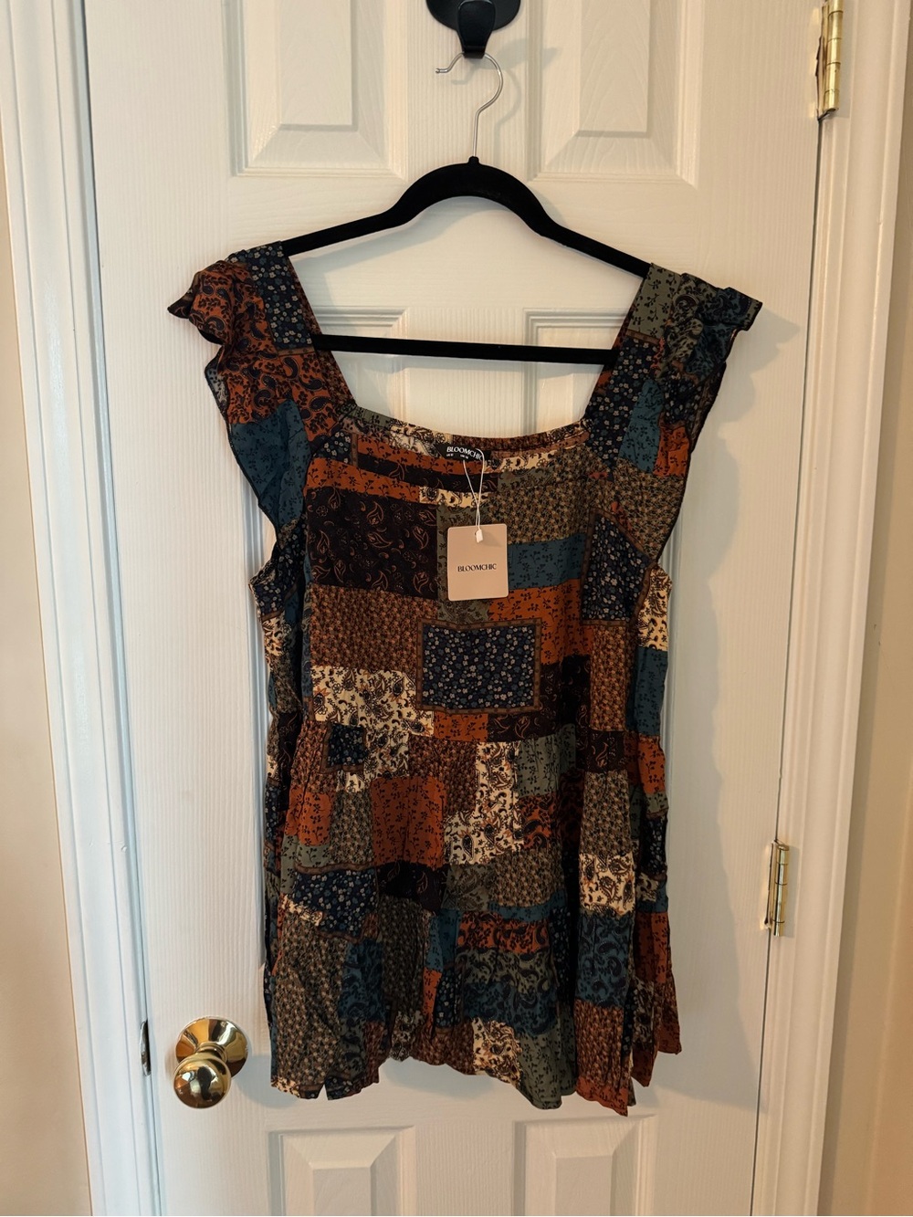 BloomChic Patchwork Ruffle Sleeve Tunic - Rust, Teal, Cream, Brown